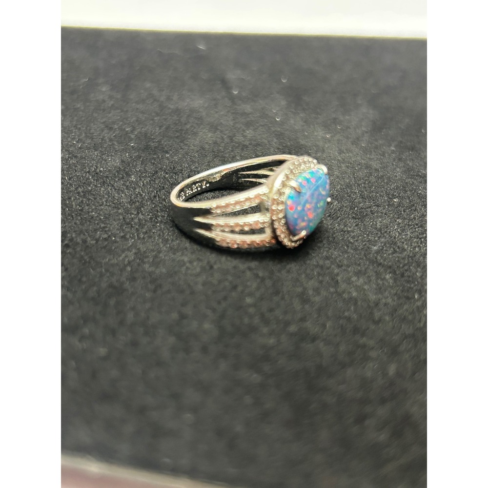 Bomb Party Blue Fire Opal Halo Split Shank Statement Ring Silver Tone Oval Stone - Picture 3 of 6